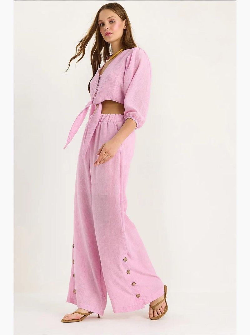 Conjunto de dos piezas con blusa y pantalón abotonado con detalle de lazo lucci Rosa fluo/Solinotes - Kiabi