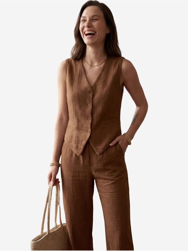 Conjunto de dos piezas con botones y cuello en v texturizado de my fashion Marrón claro - Kiabi