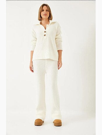 Conjunto de dos piezas con cintura alta, pierna ancha y cuello camisero lucci