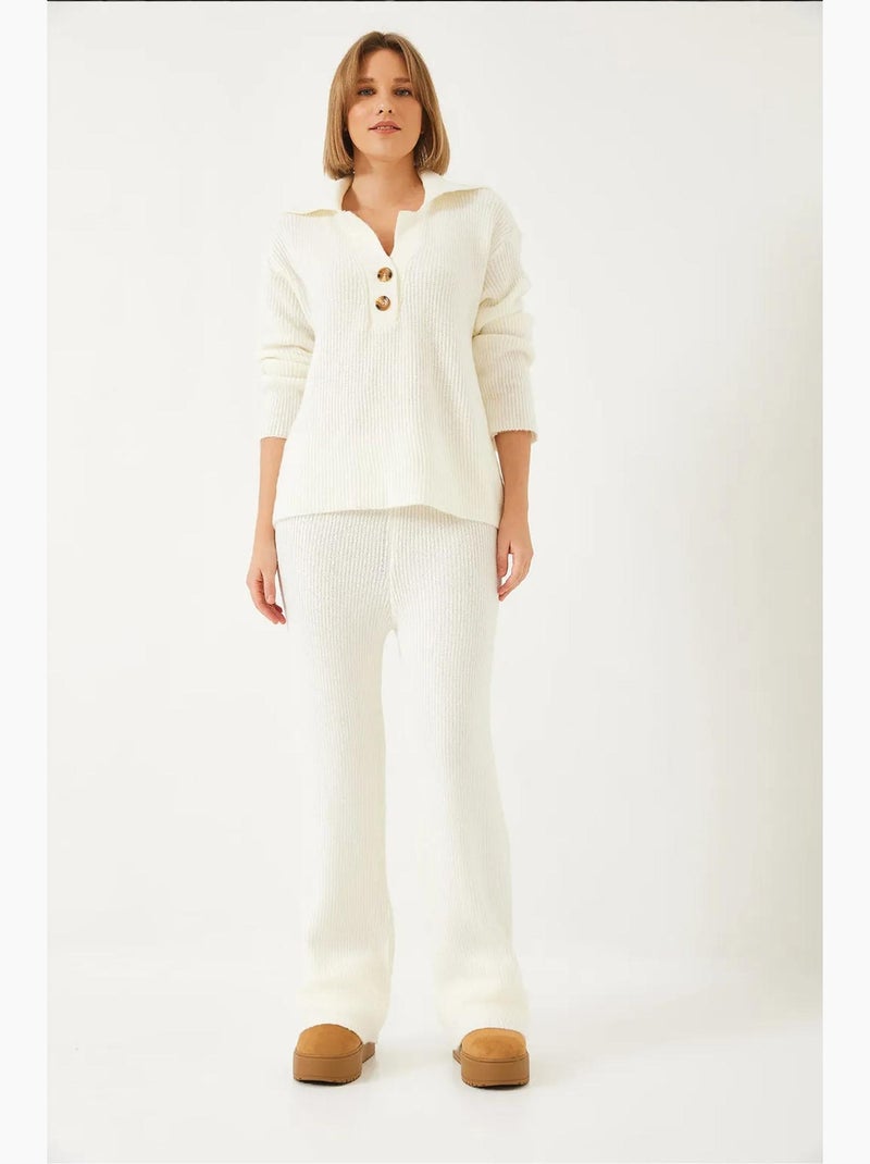 Conjunto de dos piezas con cintura alta, pierna ancha y cuello camisero lucci Beige arcilla - Kiabi