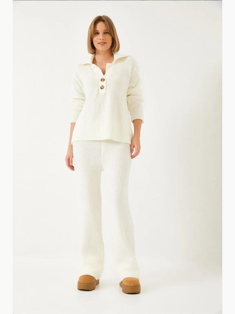 Conjunto de dos piezas con cintura alta, pierna ancha y cuello camisero lucci Beige arcilla - Kiabi