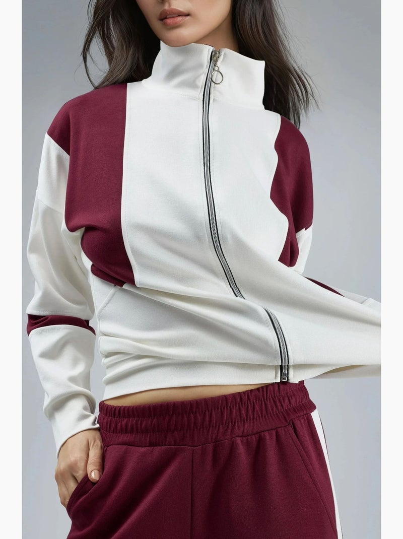 Conjunto de dos piezas con cuello con cremallera y pernera ancha y larga con bloques de color hiccup Rojo burdeos - Kiabi