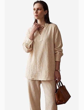Conjunto de dos piezas con cuello en v y pierna ancha abotonado de my fashion