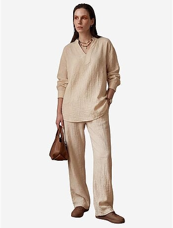 Conjunto de dos piezas con cuello en v y pierna ancha abotonado de my fashion