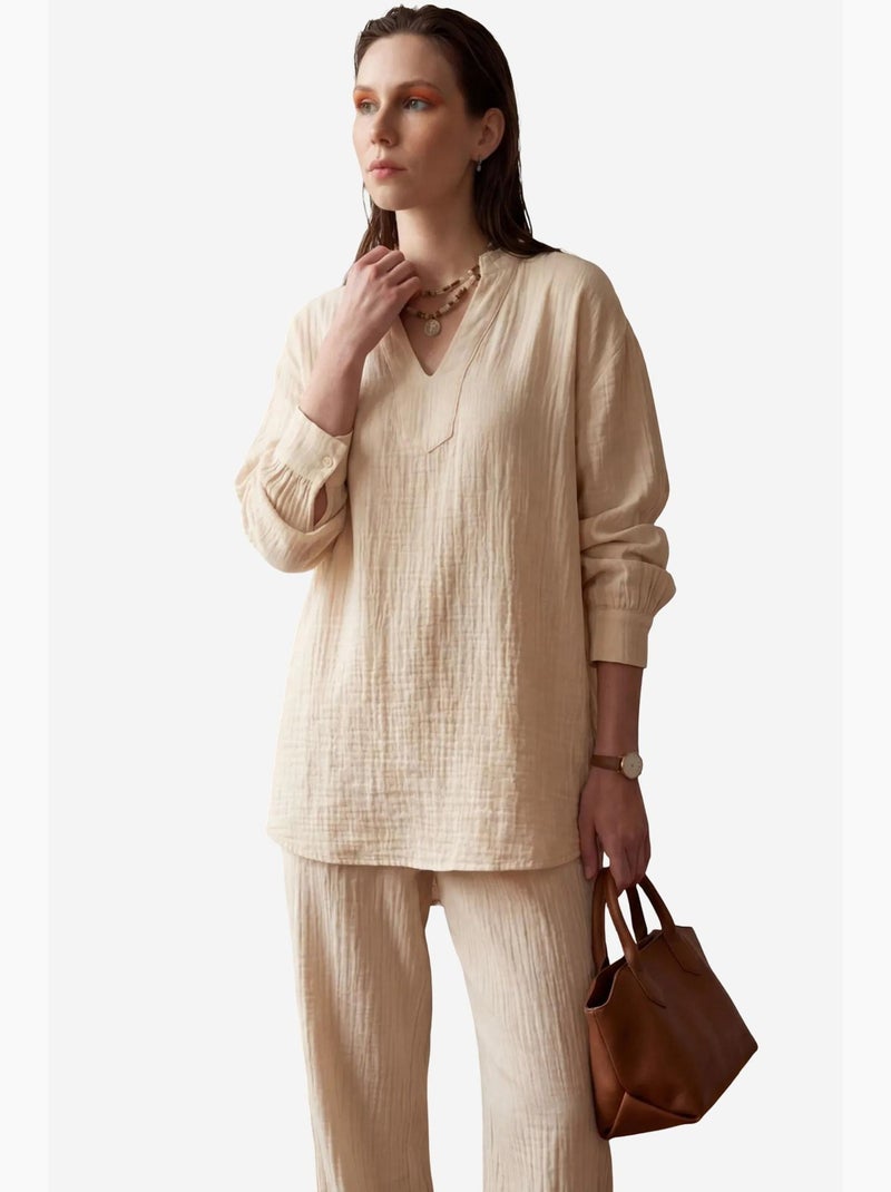 Conjunto de dos piezas con cuello en v y pierna ancha abotonado de my fashion Beige arcilla - Kiabi