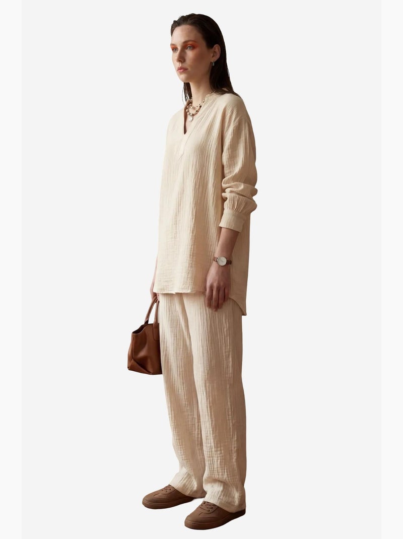 Conjunto de dos piezas con cuello en v y pierna ancha abotonado de my fashion Beige arcilla - Kiabi