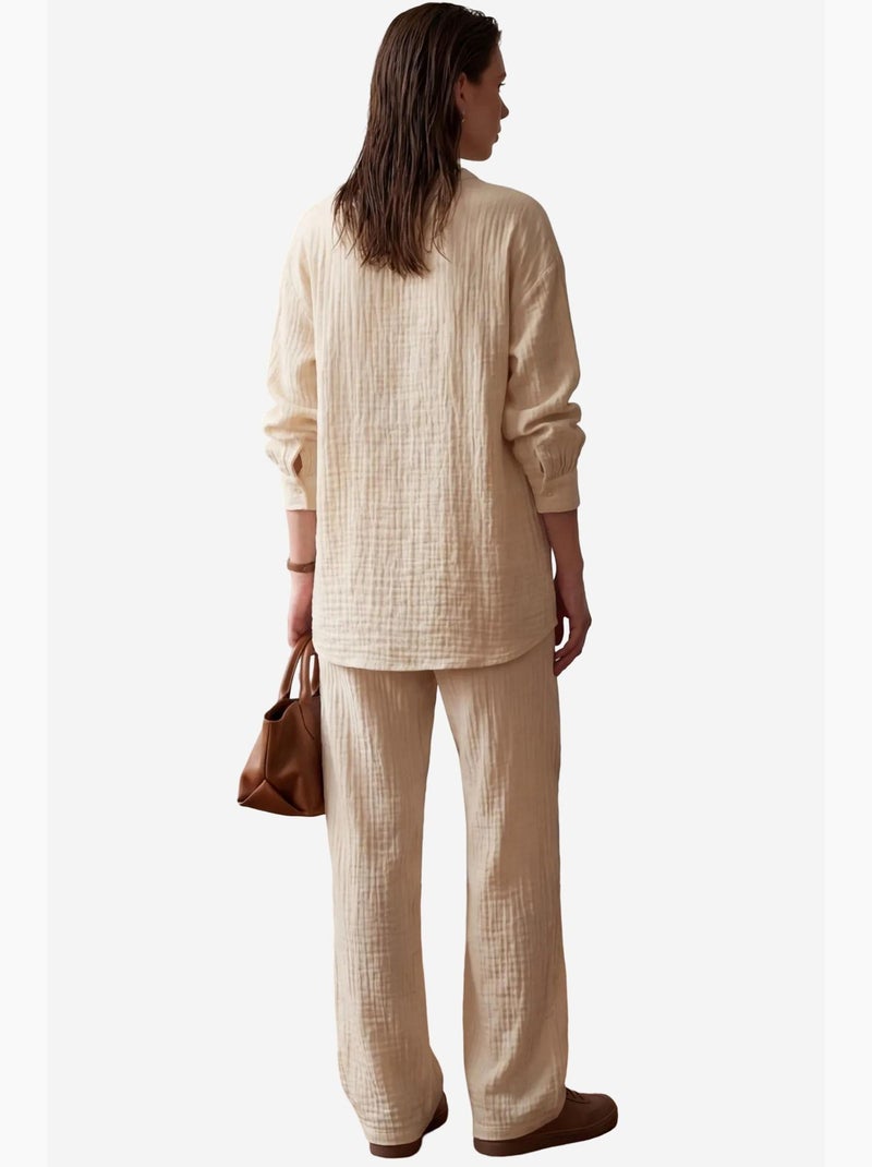Conjunto de dos piezas con cuello en v y pierna ancha abotonado de my fashion Beige arcilla - Kiabi