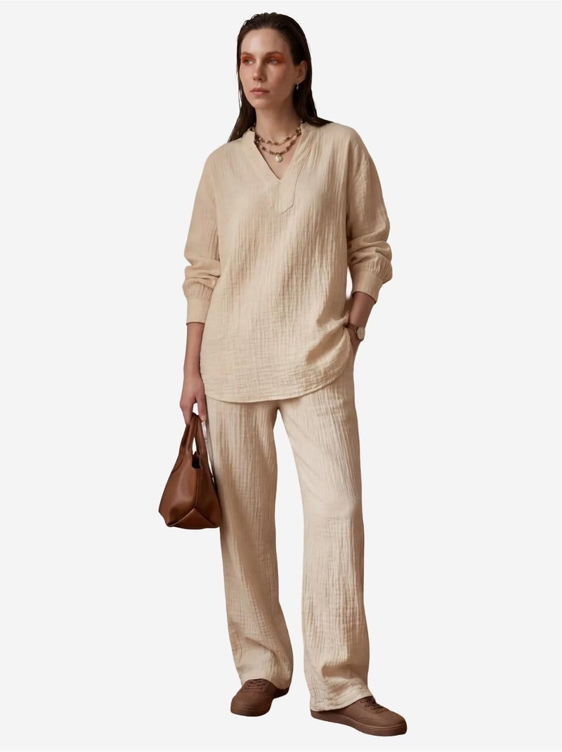 Conjunto de dos piezas con cuello en v y pierna ancha abotonado de my fashion Beige arcilla - Kiabi