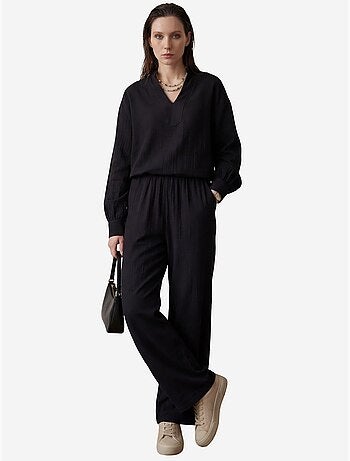 Conjunto de dos piezas con cuello en v y pierna ancha abotonado de my fashion