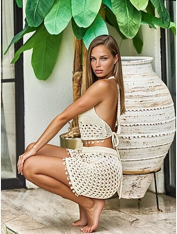 Conjunto de dos piezas con cuello halter texturizado y pernera ancha hiccup