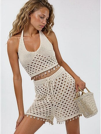 Conjunto de dos piezas con cuello halter texturizado y pernera ancha hiccup