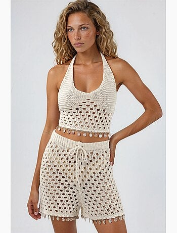 Conjunto de dos piezas con cuello halter texturizado y pernera ancha hiccup