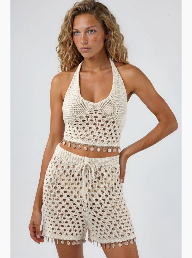 Conjunto de dos piezas con cuello halter texturizado y pernera ancha hiccup Beige natural - Kiabi