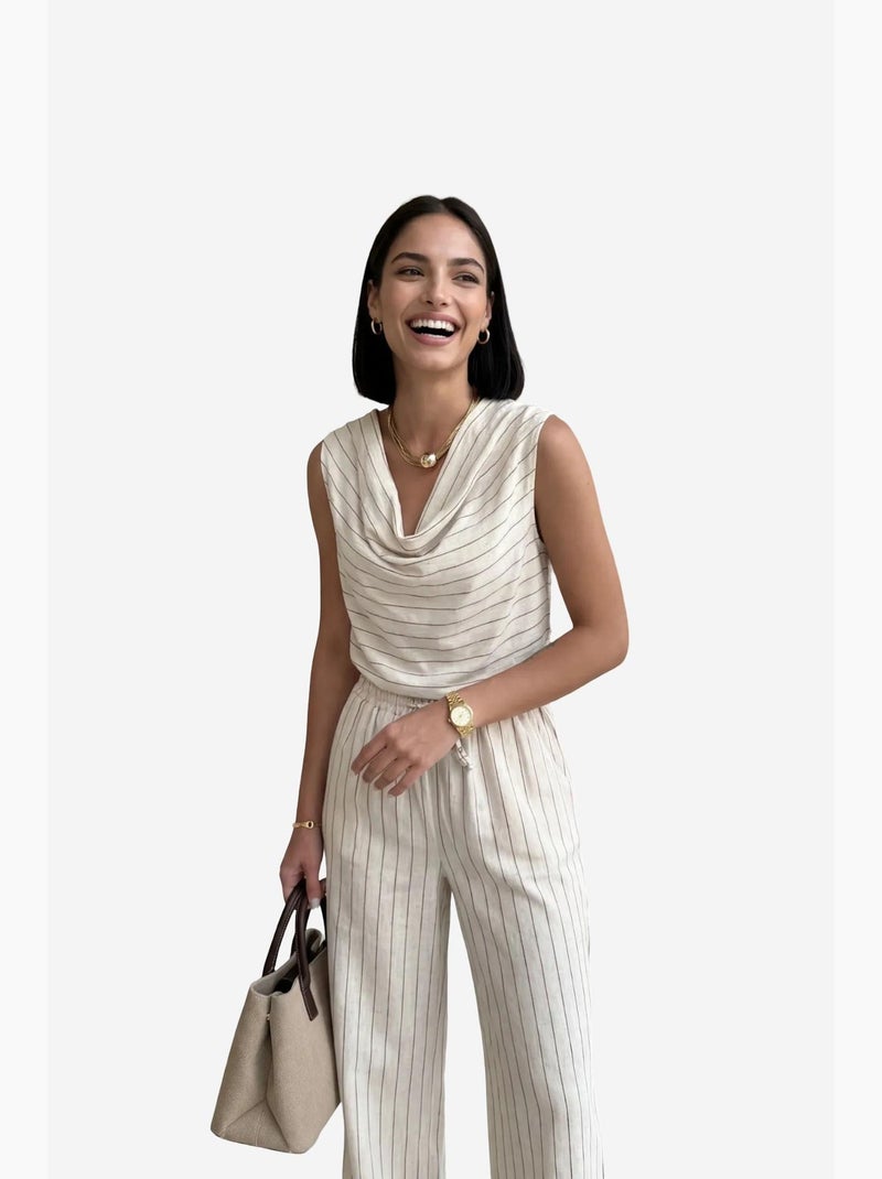 Conjunto de dos piezas con cuello vuelto, cintura alta y rayas de my fashion Beige - Kiabi