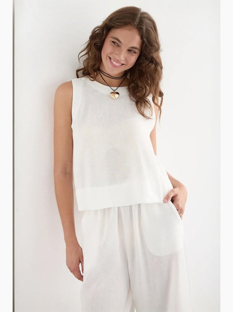 Conjunto de dos piezas de blusa con tacto de lino y pantalón con cintura elástica hiccup Blanco - Kiabi