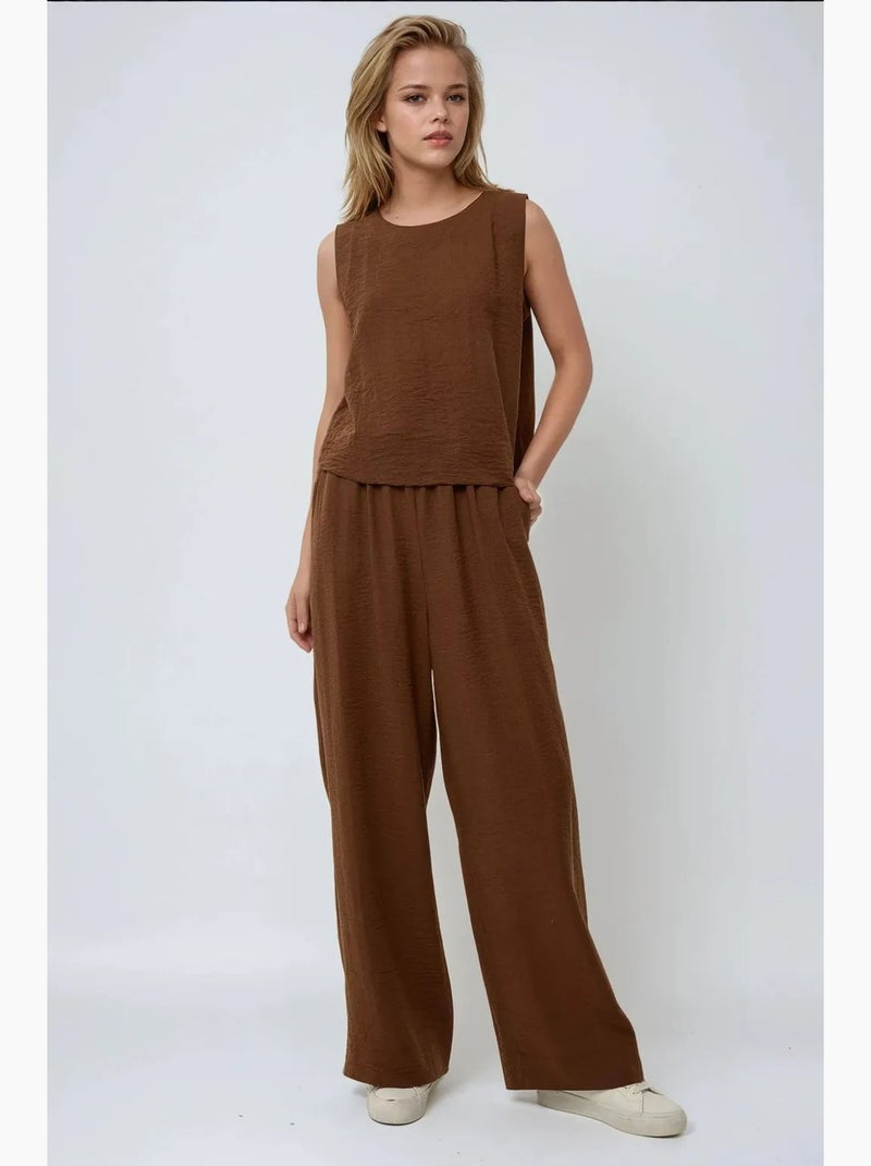 Conjunto de dos piezas de blusa con tacto de lino y pantalón con cintura elástica hiccup Marrón chocolate - Kiabi