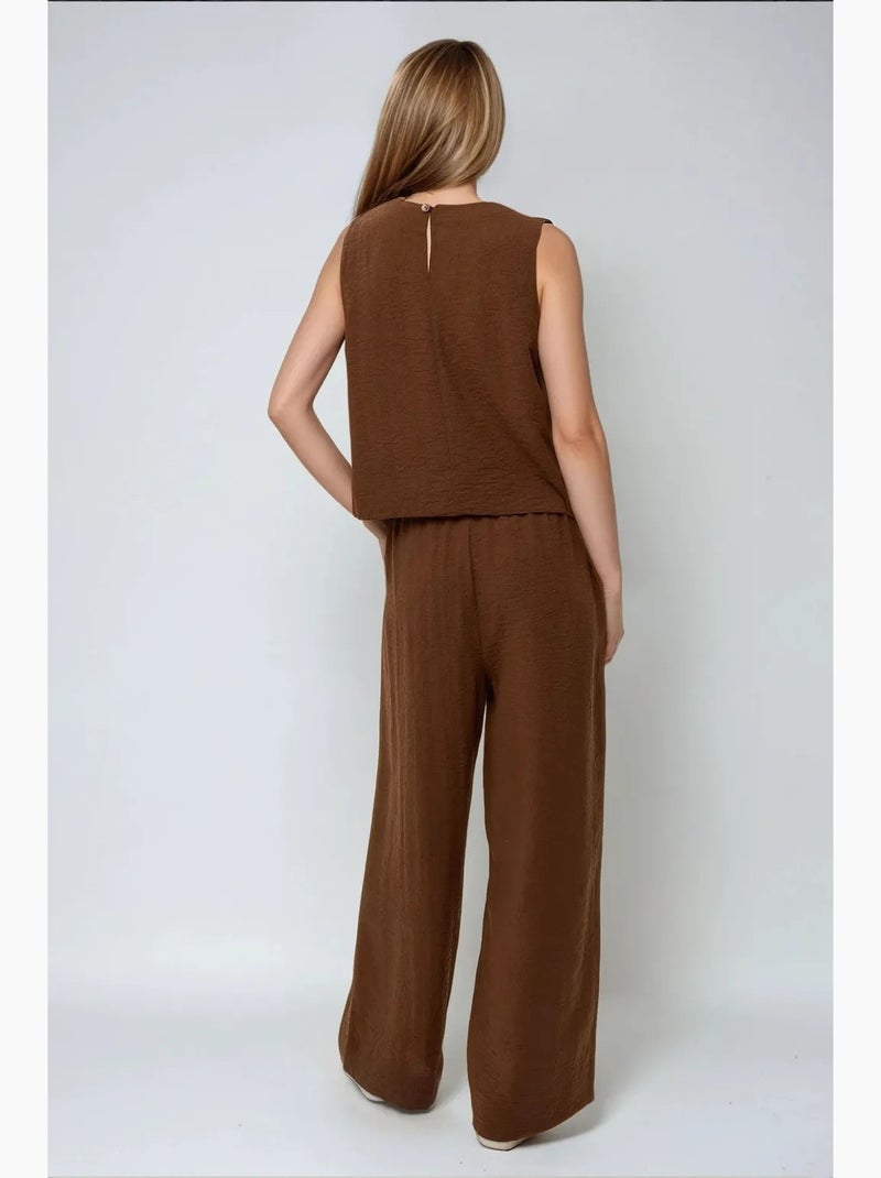Conjunto de dos piezas de blusa con tacto de lino y pantalón con cintura elástica hiccup Marrón chocolate - Kiabi