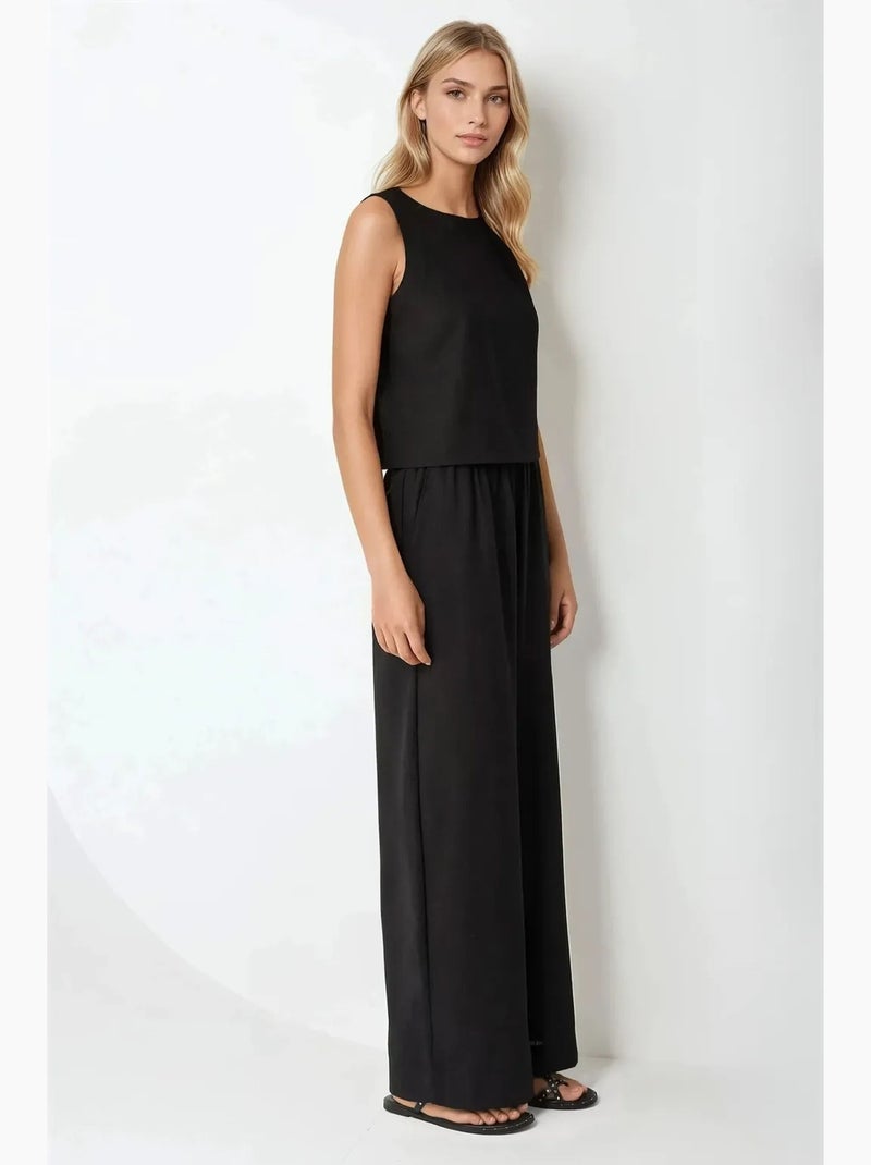Conjunto de dos piezas de blusa con tacto de lino y pantalón con cintura elástica hiccup Negro - Kiabi