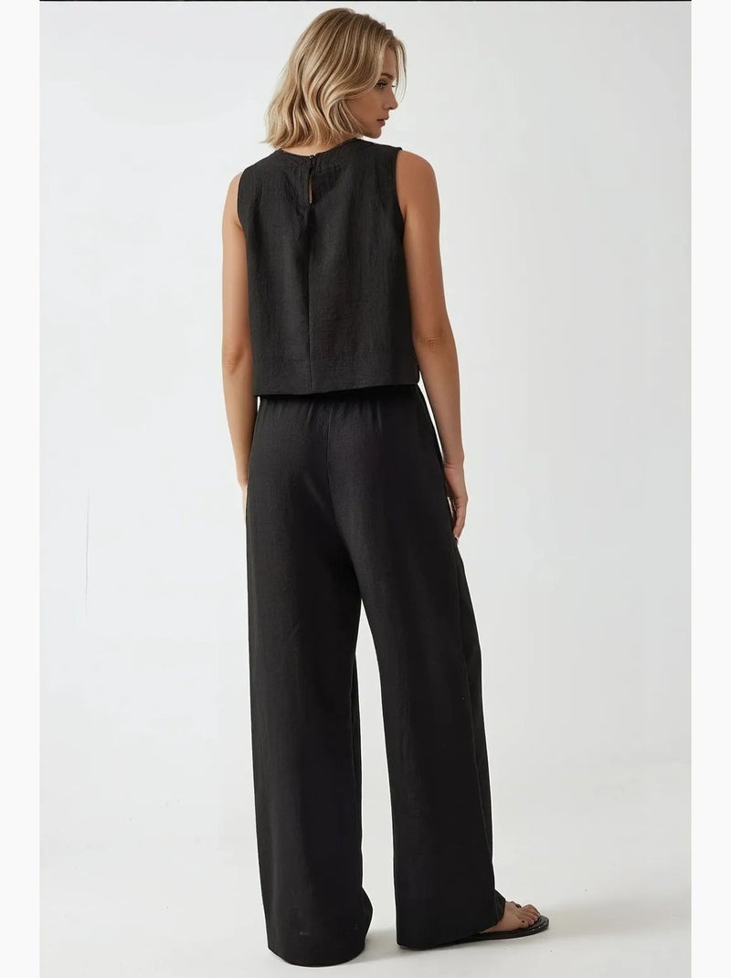 Conjunto de dos piezas de blusa con tacto de lino y pantalón con cintura elástica hiccup Negro - Kiabi
