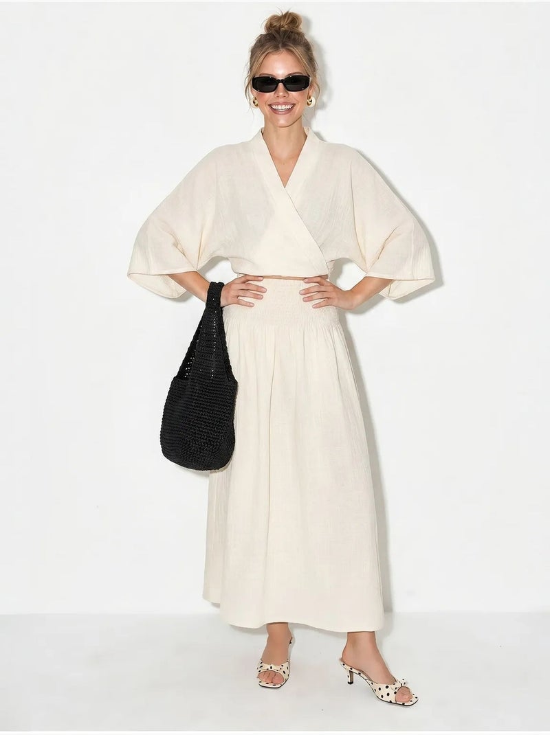 Conjunto de dos piezas de blusa y falda midi de algodón lucci Beige natural - Kiabi