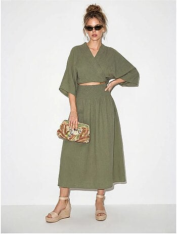 Conjunto de dos piezas de blusa y falda midi de algodón lucci