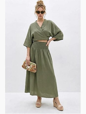 Conjunto de dos piezas de blusa y falda midi de algodón lucci