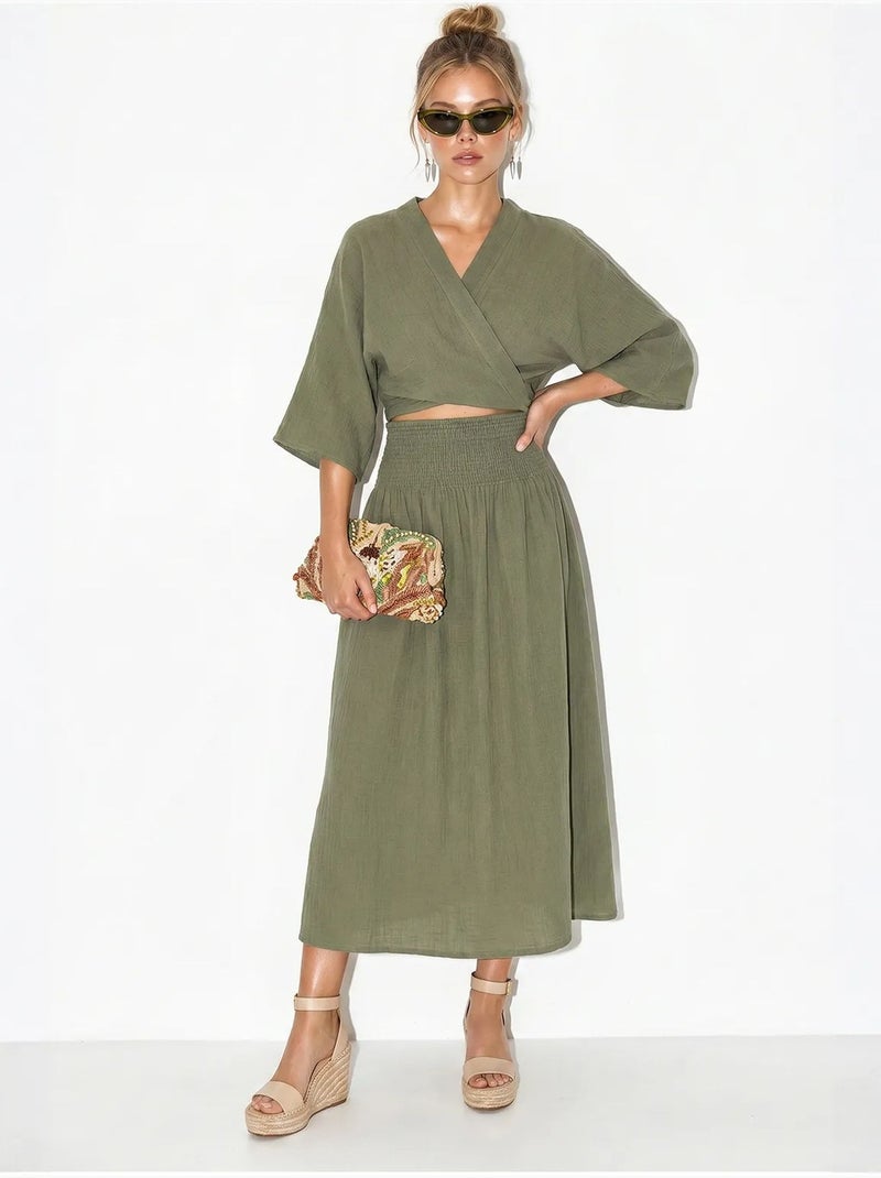 Conjunto de dos piezas de blusa y falda midi de algodón lucci Caqui - Kiabi