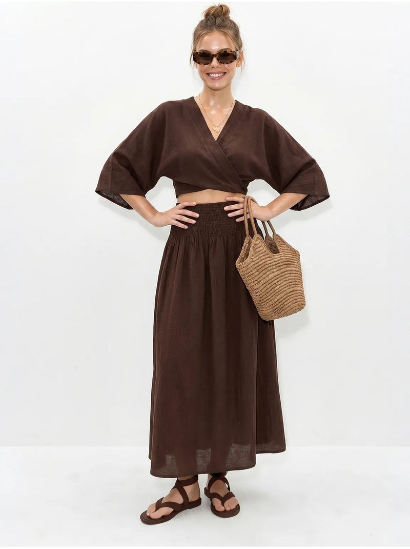 Conjunto de dos piezas de blusa y falda midi de algodón lucci Marrón chocolate - Kiabi