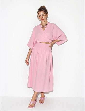 Conjunto de dos piezas de blusa y falda midi de algodón lucci