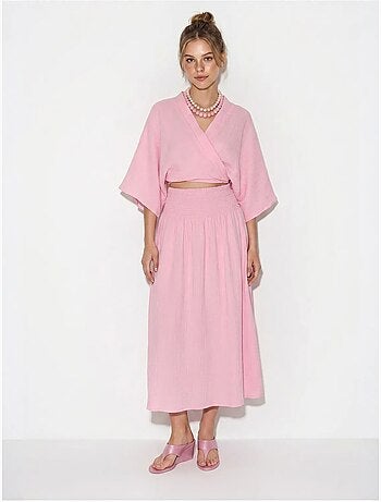 Conjunto de dos piezas de blusa y falda midi de algodón lucci