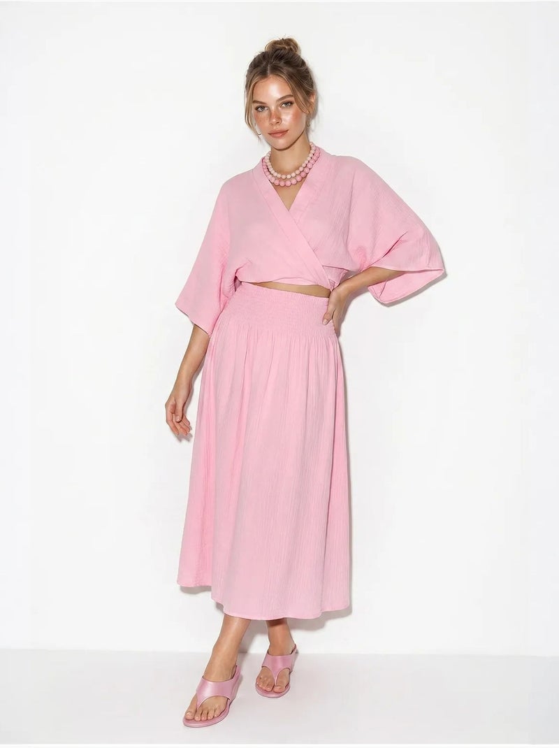 Conjunto de dos piezas de blusa y falda midi de algodón lucci Rosa - Kiabi