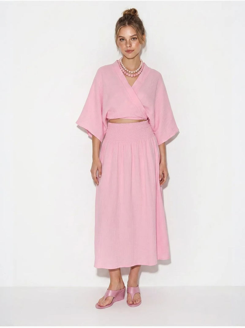 Conjunto de dos piezas de blusa y falda midi de algodón lucci Rosa - Kiabi