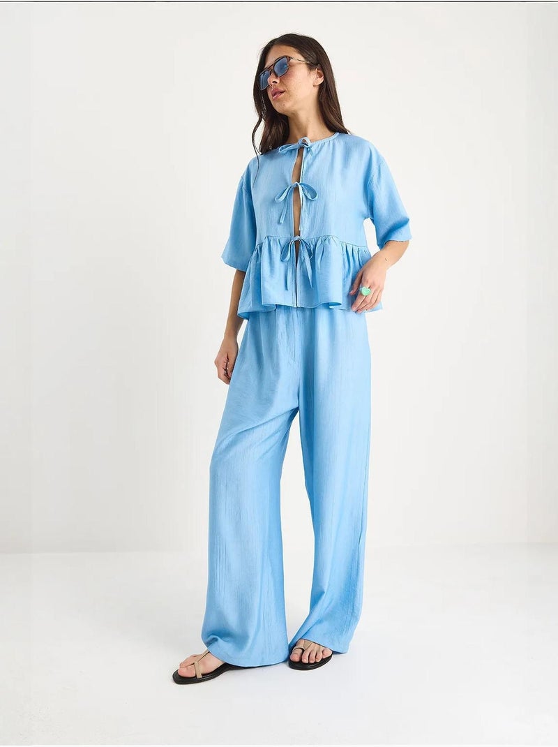 Conjunto de dos piezas de blusa y pantalón de manga corta con detalle de lazo lucci Azul cielo - Kiabi