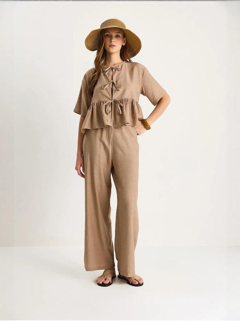 Conjunto de dos piezas de blusa y pantalón de manga corta con detalle de lazo lucci Marrón claro - Kiabi