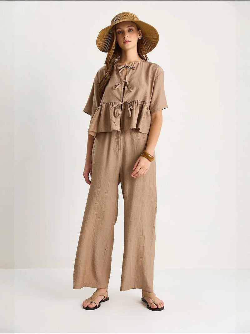 Conjunto de dos piezas de blusa y pantalón de manga corta con detalle de lazo lucci Marrón claro - Kiabi