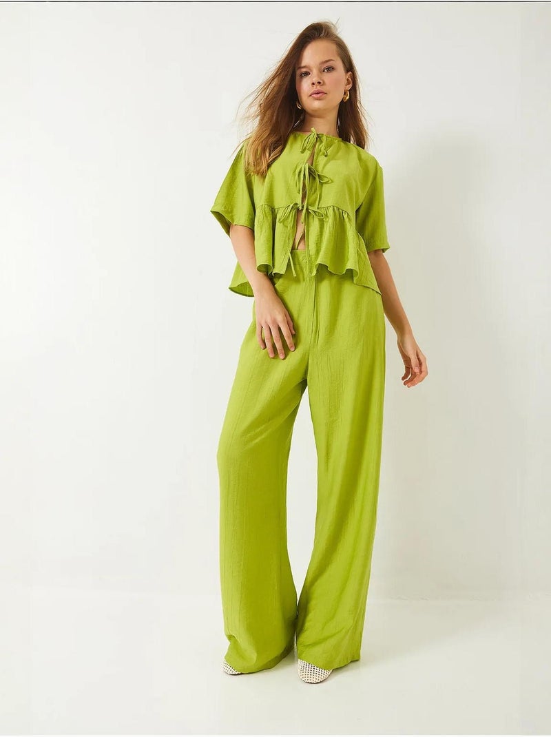 Conjunto de dos piezas de blusa y pantalón de manga corta con detalle de lazo lucci Verde tilo - Kiabi