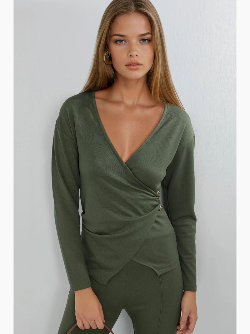 Conjunto de dos piezas de cintura alta y pierna ancha con blusa cruzada hiccup Caqui - Kiabi