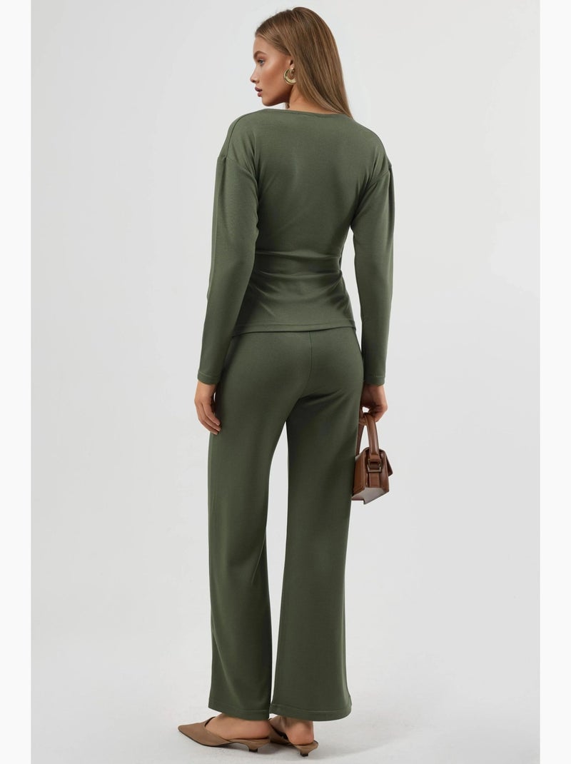 Conjunto de dos piezas de cintura alta y pierna ancha con blusa cruzada hiccup Caqui - Kiabi