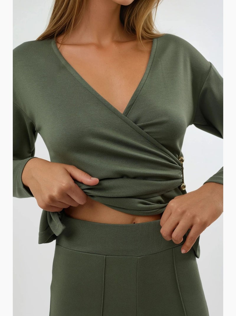 Conjunto de dos piezas de cintura alta y pierna ancha con blusa cruzada hiccup Caqui - Kiabi