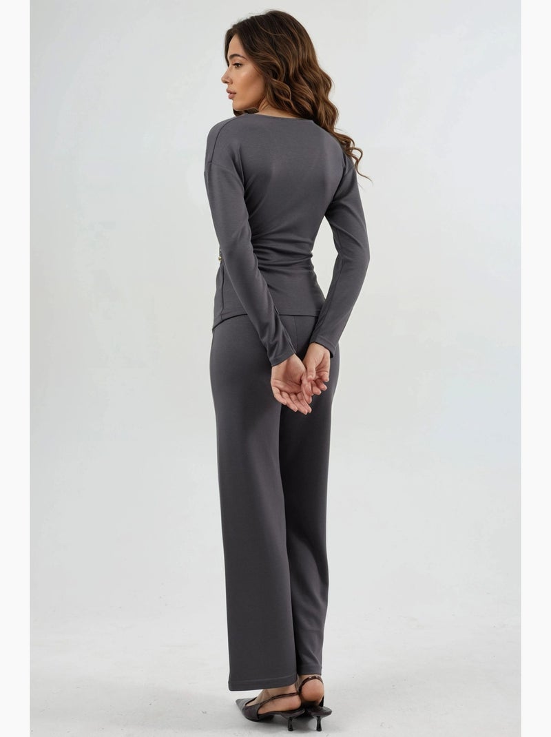 Conjunto de dos piezas de cintura alta y pierna ancha con blusa cruzada hiccup Gris - Kiabi