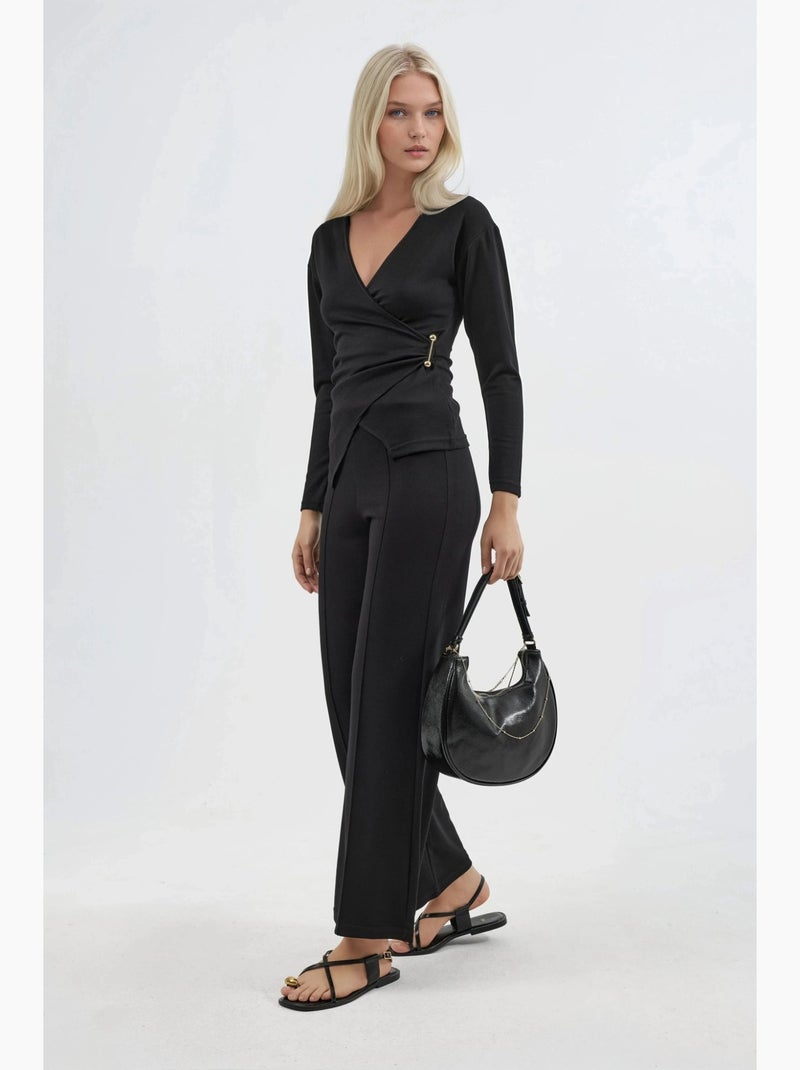 Conjunto de dos piezas de cintura alta y pierna ancha con blusa cruzada hiccup Negro - Kiabi