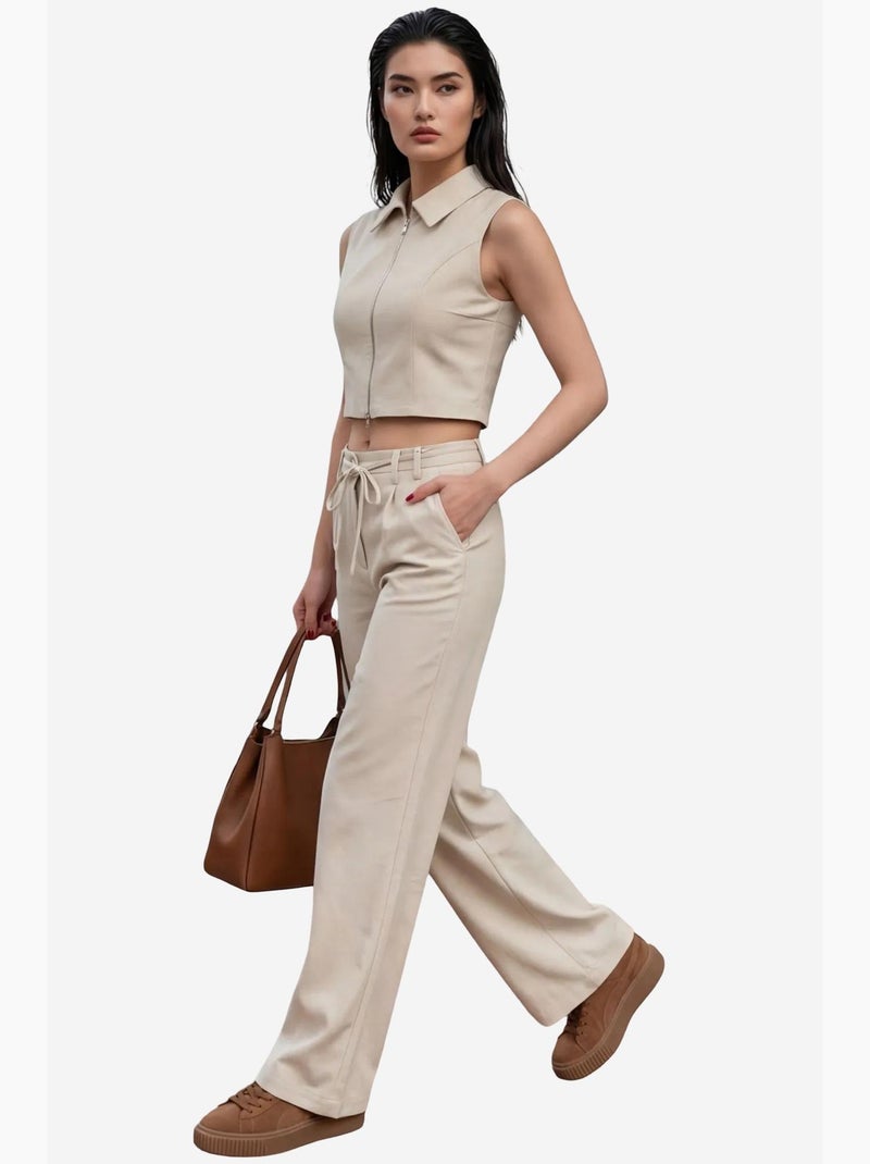 Conjunto de dos piezas de cintura alta y pierna ancha my fashion Beige arcilla - Kiabi