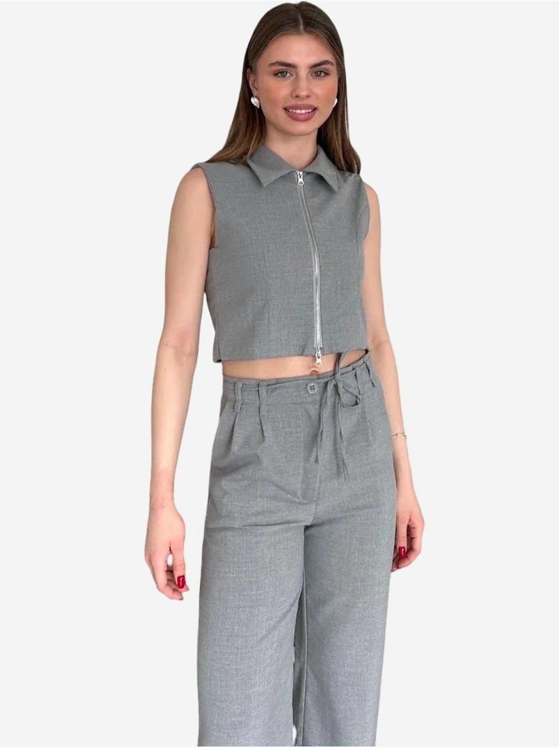 Conjunto de dos piezas de cintura alta y pierna ancha my fashion Gris - Kiabi