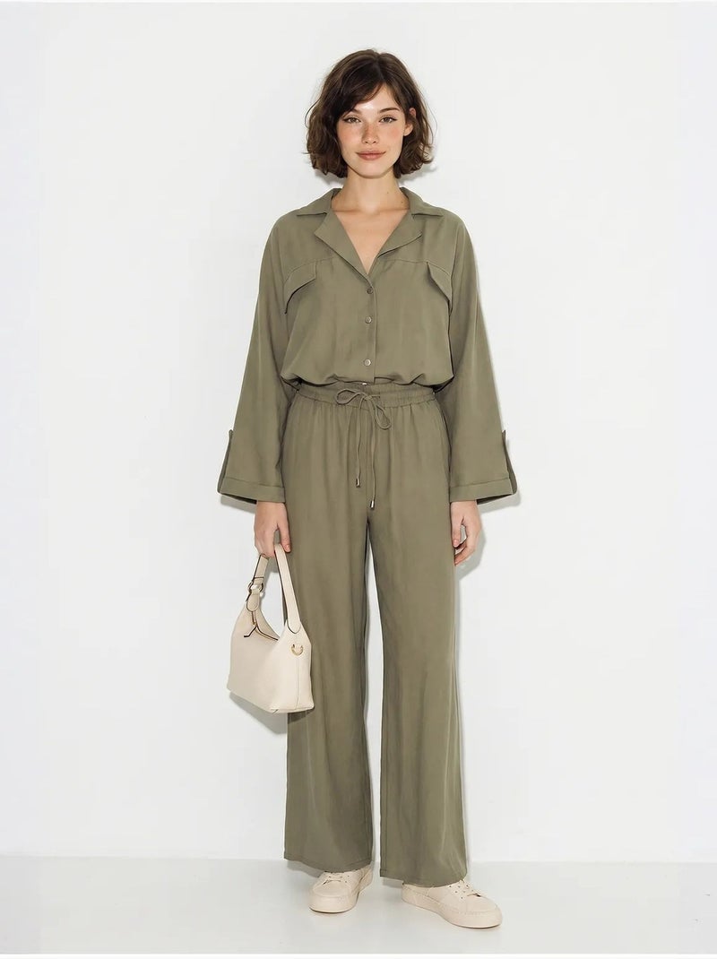 Conjunto de dos piezas de crepé con blusa y pantalón de pernera ancha lucci Caqui - Kiabi