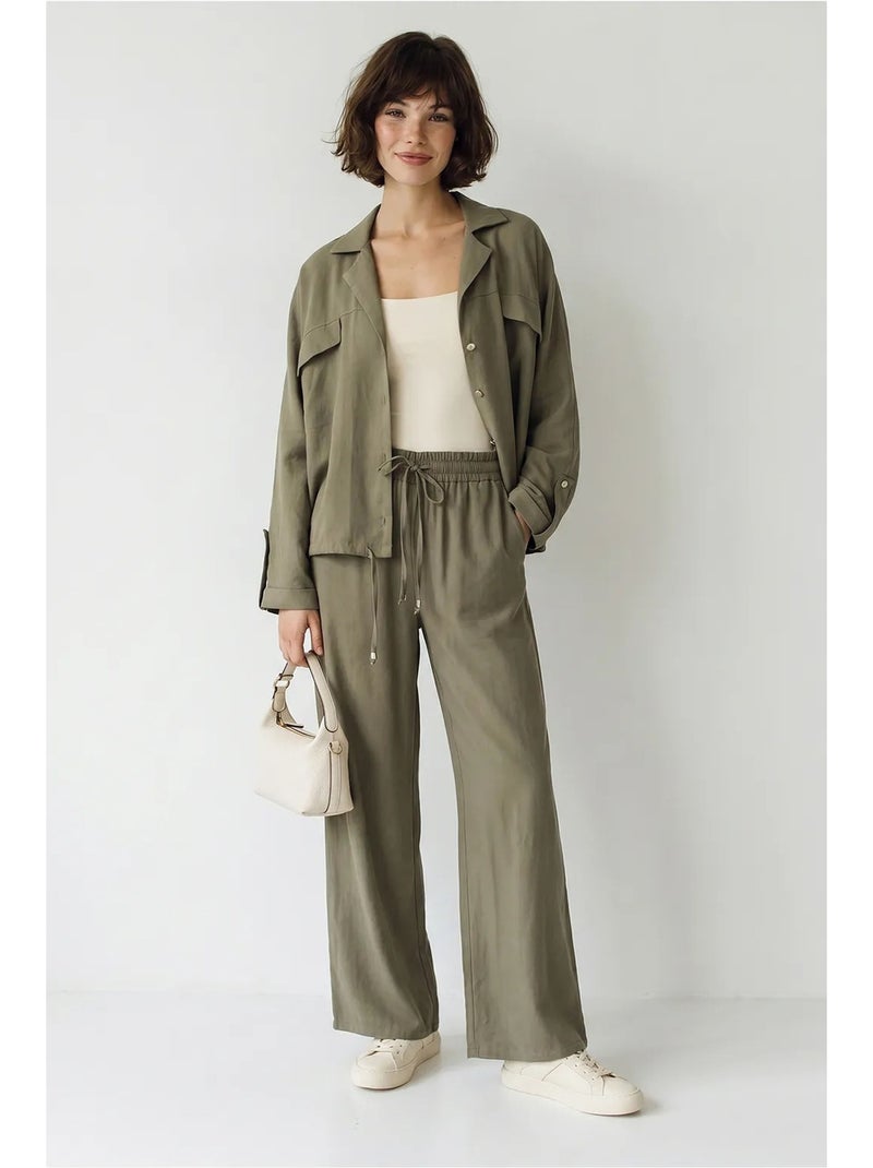 Conjunto de dos piezas de crepé con blusa y pantalón de pernera ancha lucci Caqui - Kiabi
