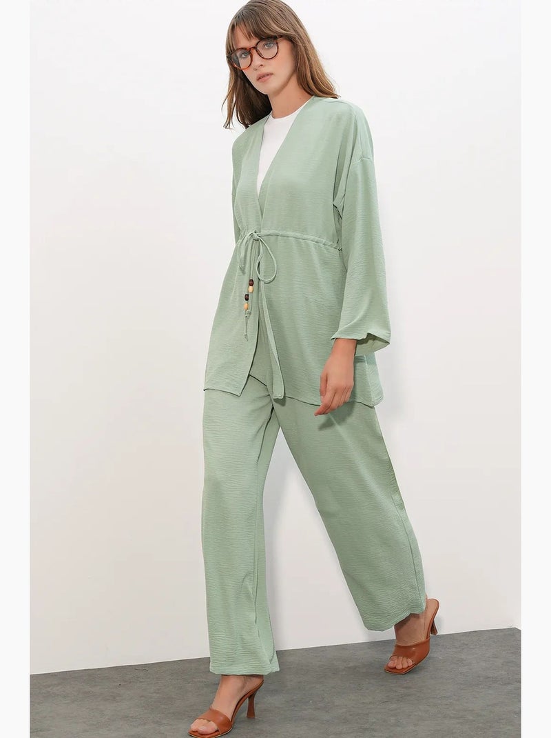 Conjunto de dos piezas de crepé con kimono y pantalón de pernera ancha bdart Verde menta - Kiabi