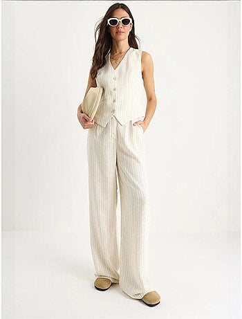 Conjunto de dos piezas de lino con chaleco y pantalón palazzo a rayas lucci