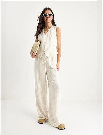 Conjunto de dos piezas de lino con chaleco y pantalón palazzo a rayas lucci
