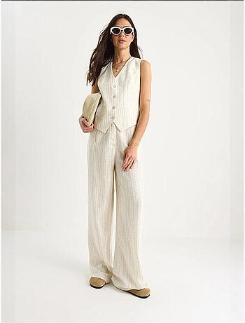 Conjunto de dos piezas de lino con chaleco y pantalón palazzo a rayas lucci