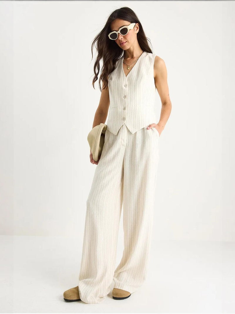 Conjunto de dos piezas de lino con chaleco y pantalón palazzo a rayas lucci Beige arcilla - Kiabi